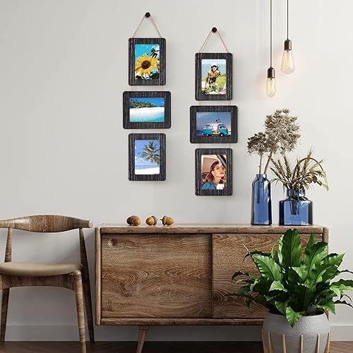 Vista 21 de Portarretratos de madera rústica de 5 x 7 pulgadas, para colgar fotos con 4 aperturas, fotos de 4 x 6 pulgadas con paspartú o 5 x 7 pulgadas sin