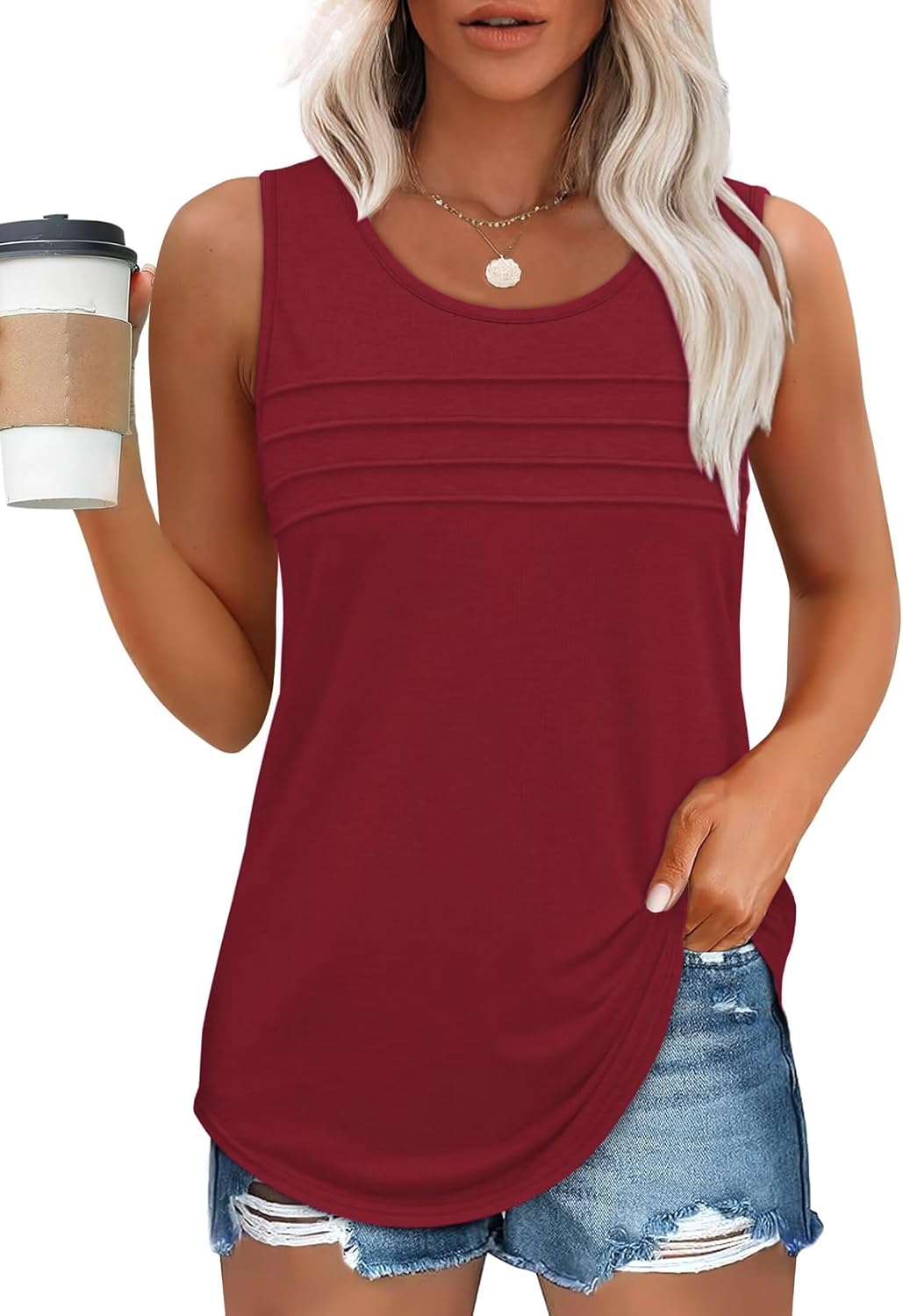 Womens Casual Summer Tank Tops Sleeveless Pleated Blouses Dressy Loose Fit Scoop Neck Shirts Outfits