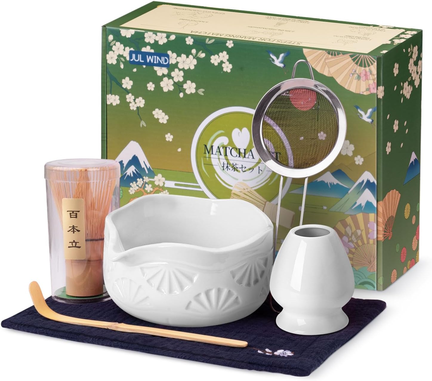 JUL WIND Matcha Whisk Set, Ceramic Matcha Set Includes Bowl with Spout, Whisk and Holder, Bamboo Scoop, Sifter and Tea Towel - 6 Pcs Matcha Kit Gift for Matcha Lovers (White)