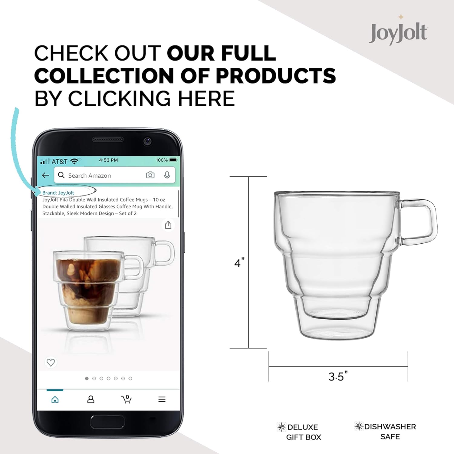 JoyJolt Pila Double Wall Insulated Coffee Mugs – 10 oz Double Walled Insulated Glasses Coffee Mug With Handle, Stackable, Sleek Modern Design – Set of 2 - Image 2