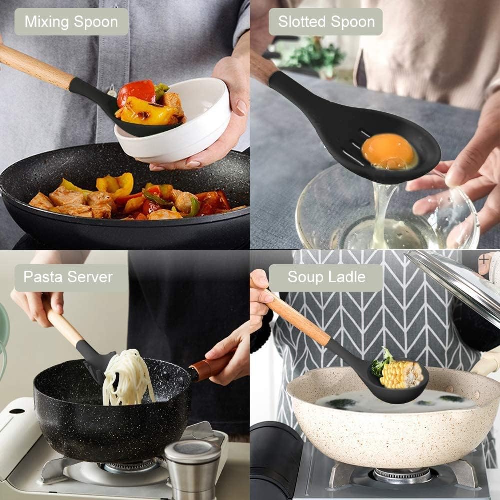 12 Pcs Silicone Kitchen Utensils Set with Holder Heat Resistant Silicone Spatula | Turner Set Wooden Spoons Kitchen Tools | Cooking Utensils for Nonstick Cookware (Black)