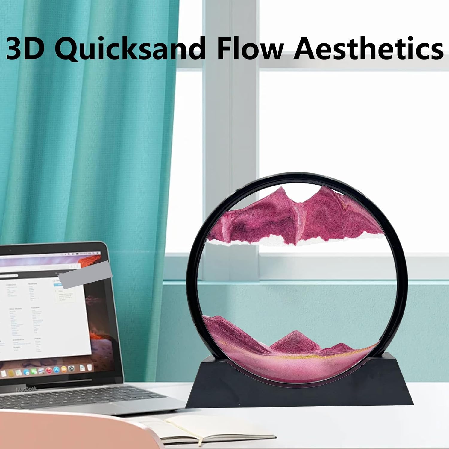 AzureLeap Moving Sand Art Liquid Motion, 3D Deep Sea Sandscape Color Quicksand Decor, Round Glass Moving Sand Art Picture Relaxing Desktop Home Office Work Decor (12 inch-Pink)