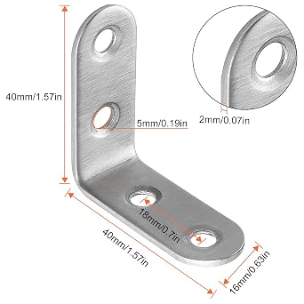 50 Pack Stainless Steel 90 Degree Angle L Shaped Bracket, 40mm x 40mm x 16mmCorner Brace Joint Bracket Fastener, Silver Tone, Round End, 4 Holes, Heavy Duty Metal