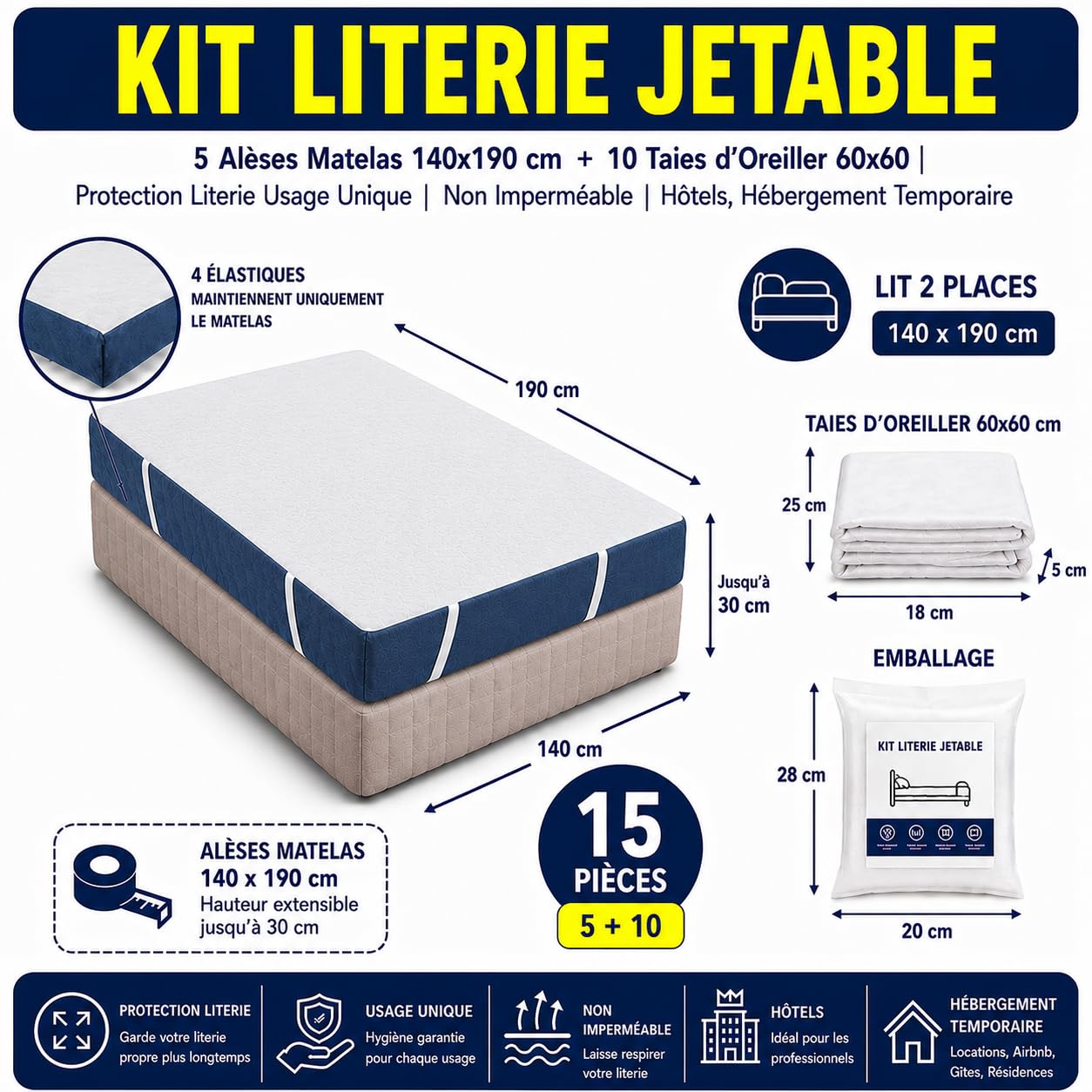 Kit Literie Jetable | 5 Alèses Matelas 140x190 cm + 10 Taies d’Oreiller 60x60 | Protection Literie Usage Unique | Non Imperméable | Hôtels, Hébergement Temporaire