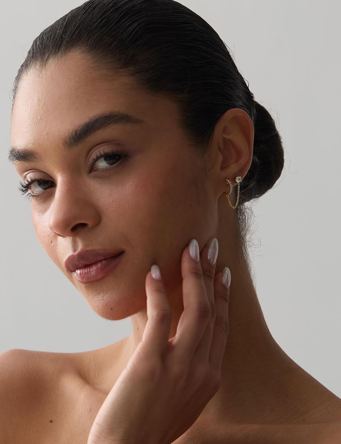 ASHINE 14K Gold Chain Earrings for Women | Double Piercing Huggie Hoop and Stud Connector Earring | Daily & Special Moments Ear Cuff Earrings