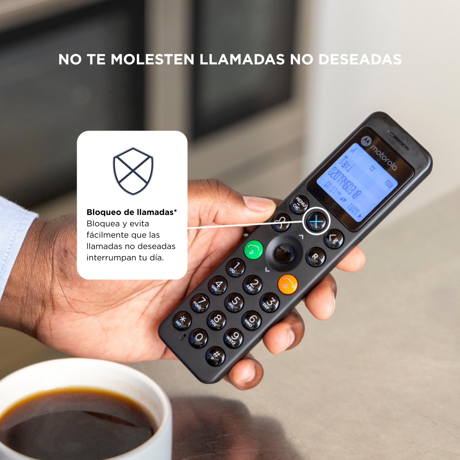 Motorola Voice - DOT201 Teléfono Inalámbrico Digital, Altavoz Manos Libres, Bloqueo de Llamadas, 100 Contactos con Nombre y Directorio Telefónico, Color Negro