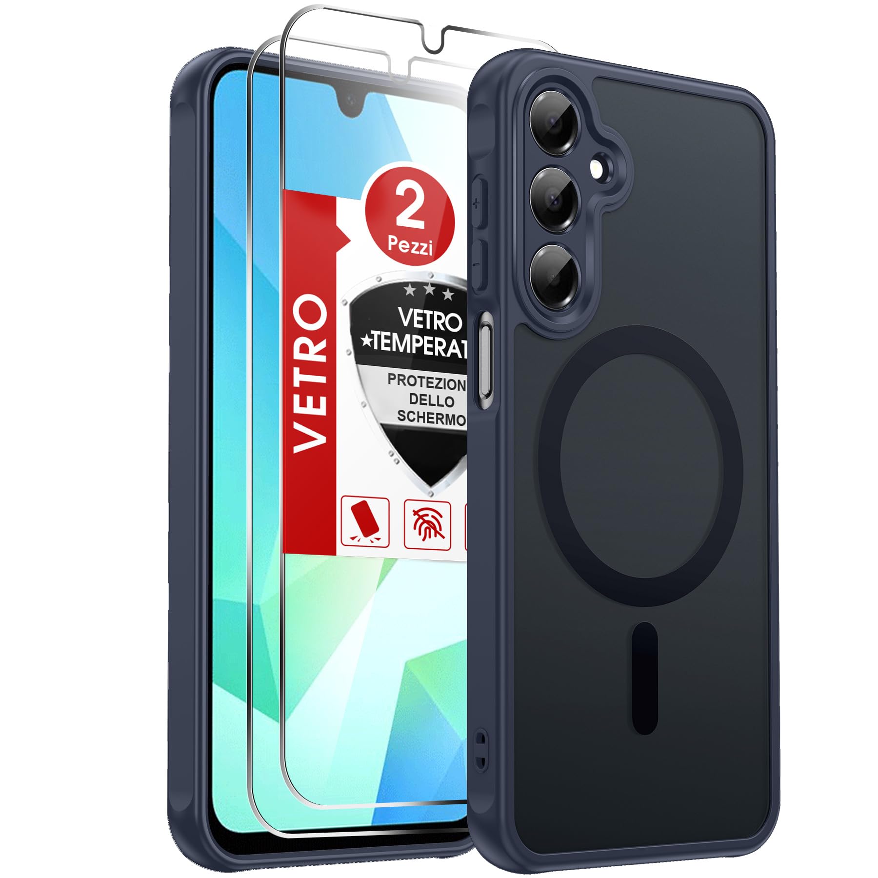LeYi Cover Magnetica per Samsung Galaxy A16 5G con Vetro Temperato(Blu) | Custodia per A 16 Traslucida Opaca Anti-Impronte Resistente ai Graffi Paraurti in TPU Antiurto Protettiva Case