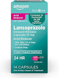 Amazon Basic Care Lansoprazole Delayed Release Capsules, 15 mg, Treats Frequent Heartburn, 14 Count
