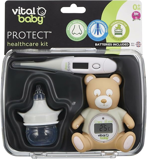 Vital Baby PROTECT Healthcare Kit for Baby - 3pcs Room and Bath Thermometer, Nasal Aspirator, Body Thermometer Essential Newborn Baby Health and Safety