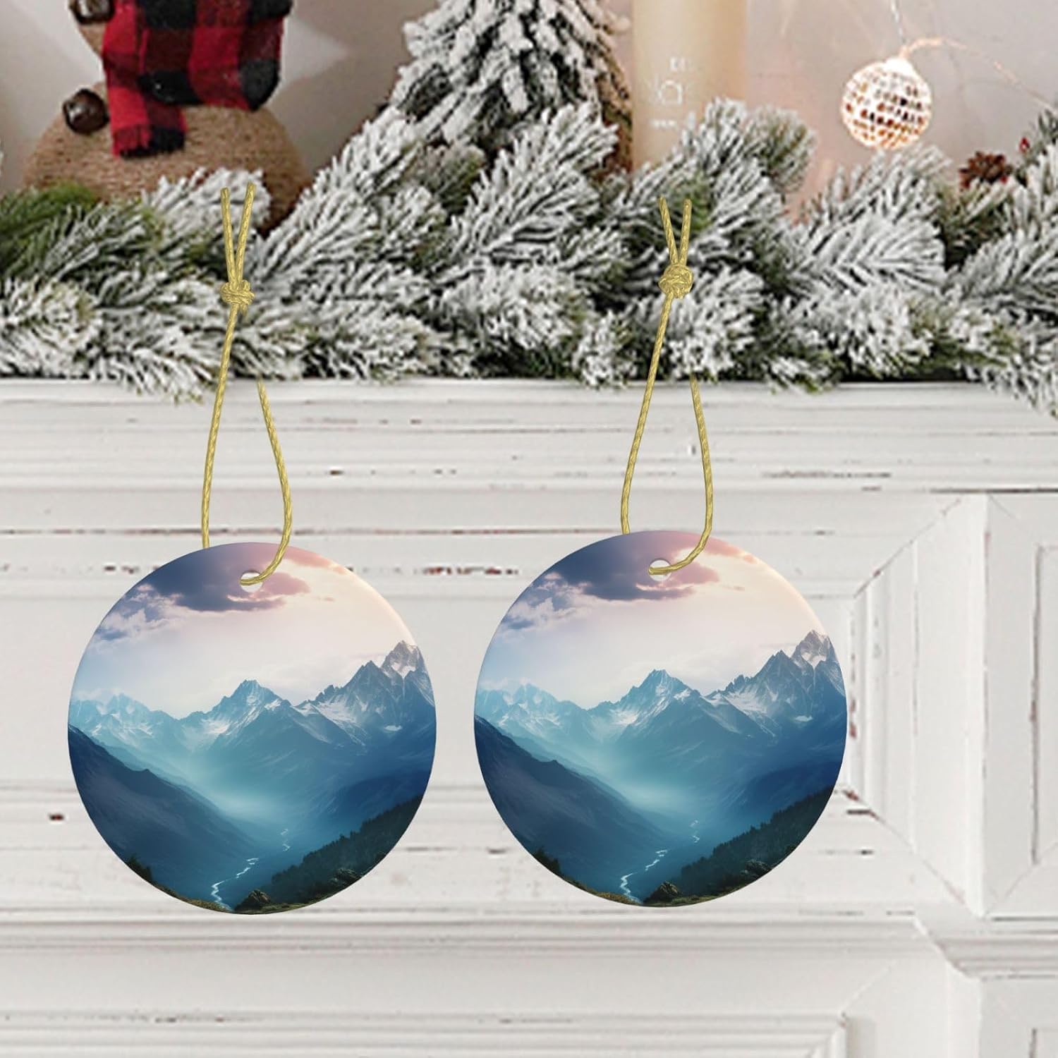 Misty Mountain Christmas Ornament Round Ceramic Hanging Ornaments for Christmas Tree Holidays Ornaments with Gold Rope Hanging Porcelain Pendants for Party Xmas Decoration