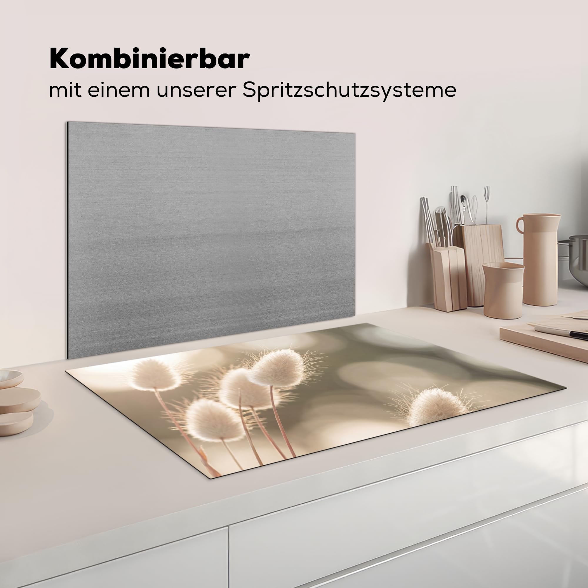 KitchenYeah© Herdabdeckplatte 81x52 cm Induktion Schutzmatte Küche Herdabdeckung Ceranfeld Induktionsmatte Cerankochfeld Abdeckung Haselschwanzgras - Weiß - Sonnenlicht