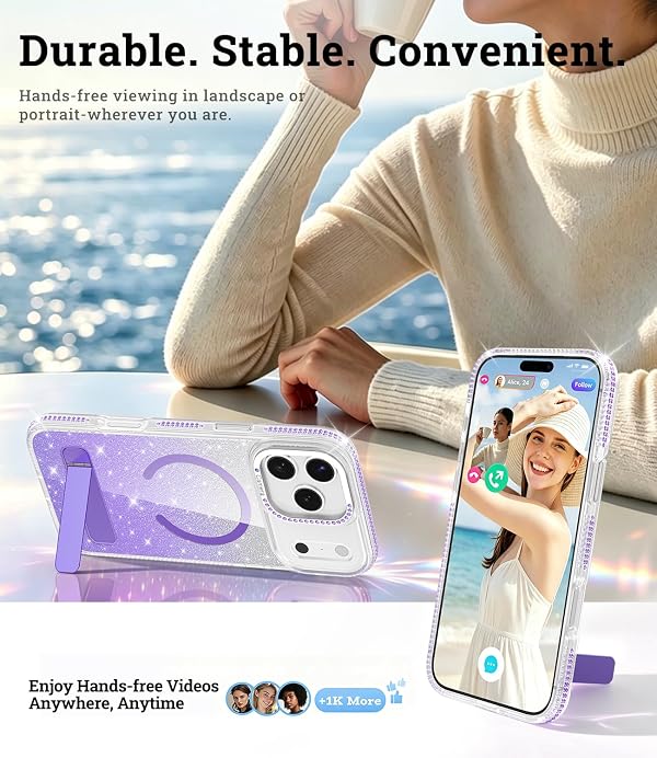 JAME for iPhone 17 Pro Max Case with Invisible Stand, 2 Screen Protectors, Compatible with MagSafe, Anti-Yellowing Clear Glitter Girly Shockproof Protective 17 Pro Max Case Cute for Women Girls,Purple by JAME - Used condition - Image 7