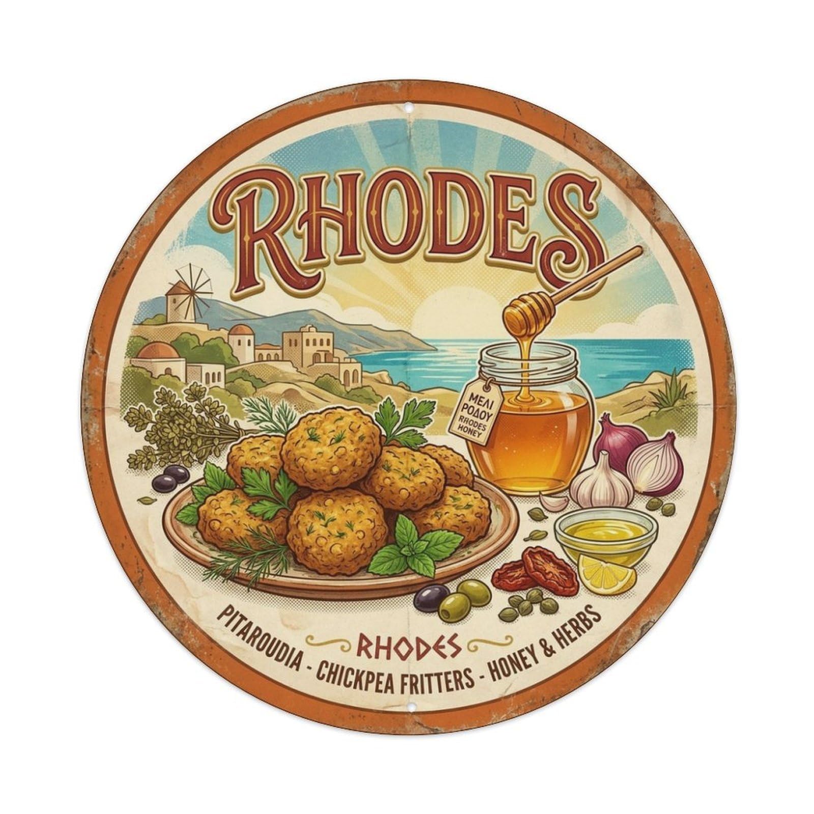 Pitaroudia Fritters of Rhodes Cuisine Travel Vintage Metal Tin Sign