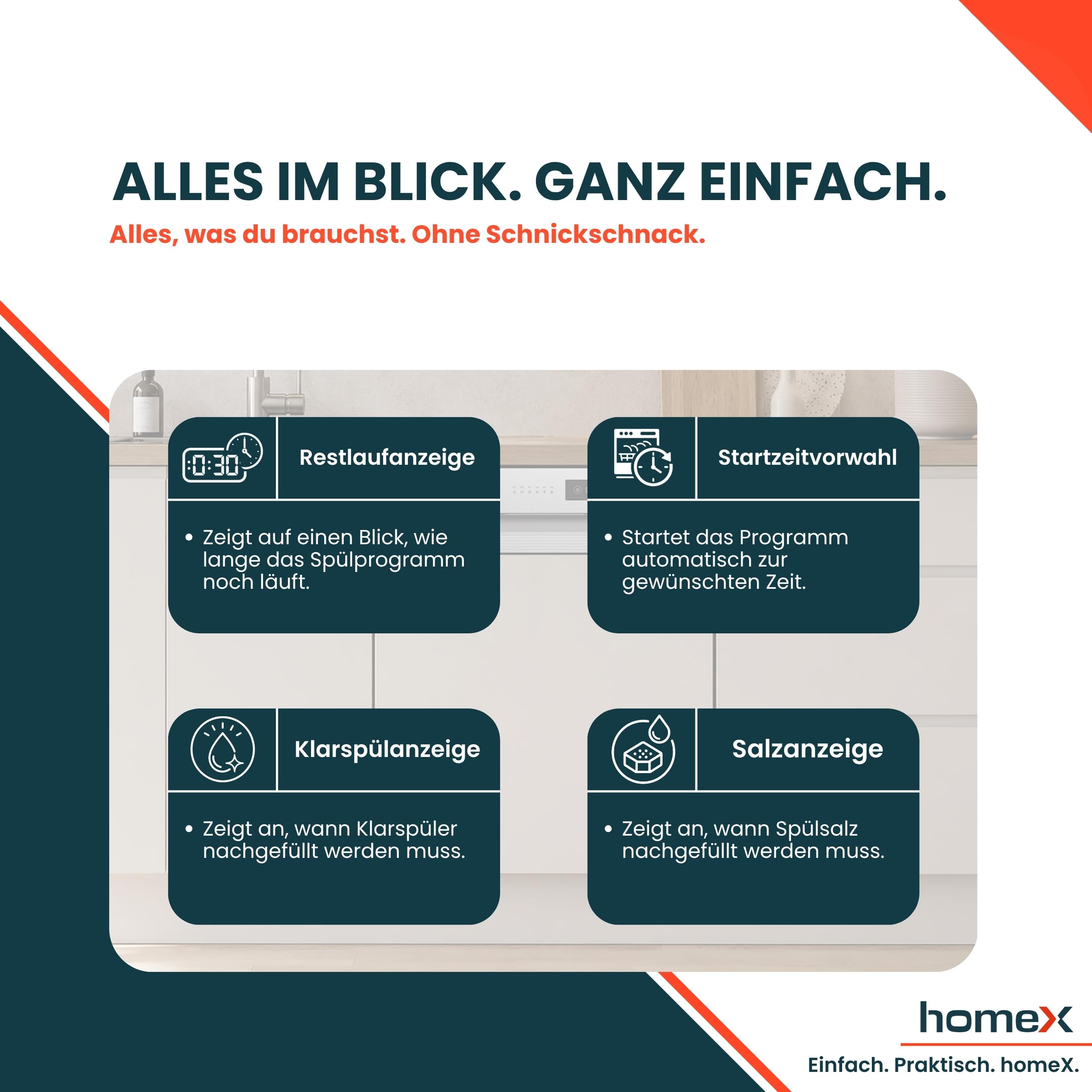 homeX DWSI601449E Geschirrspüler 60 cm teilintegrierbar 14 Maßgedecke 6 Programme AquaStop 49 dB Touch Control Einbaugeschirrspüler