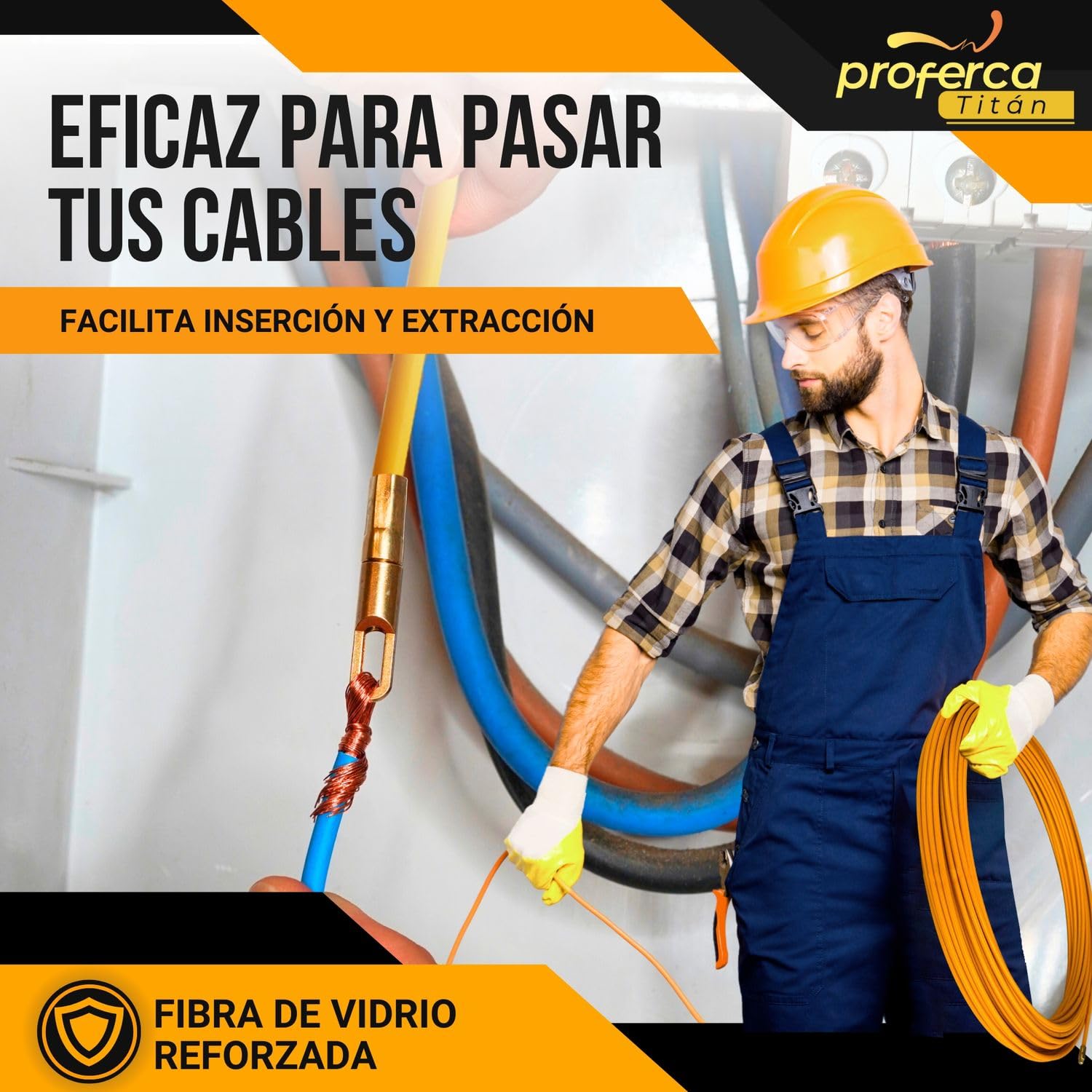 Guia Pasacables Profesional 6mm y 50 metros de Fibra de Vidrio Reforzada | Guia con Contenedor y Accesorios intercambiables| Especial Jardines | Malla Tiracables