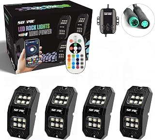 SUNPIE 4 Pods Upgraded 210 Degrees Wide Angle RGBW LED Rock Lights APP/Remote Control Voice Mode Music Mode Automatic Control Neon Light Kit Wheel Well Lights for Off Road Truck SUV ATV UTV Boats