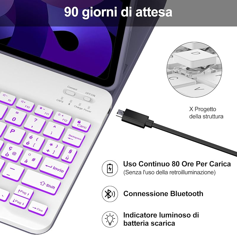 IVEOPPE iPad Air/Pro Bluetooth billentyűzet tok – olasz kiosztás, lila
