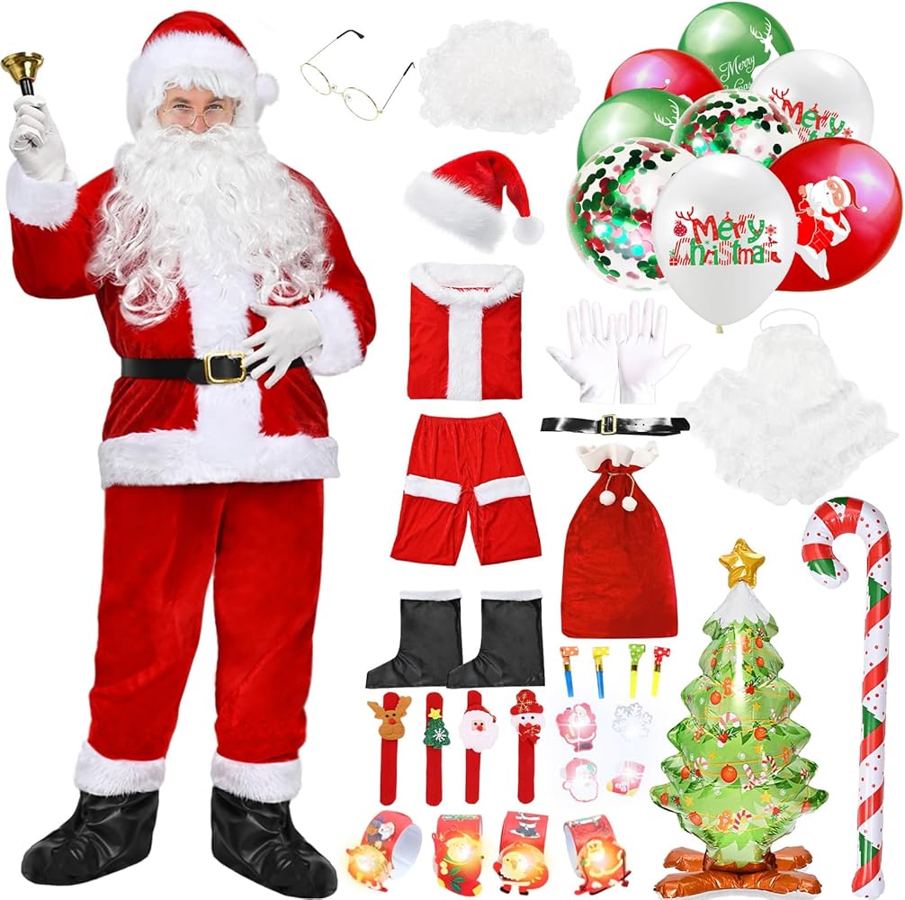 Costume Completo Babbo Natale Uomo 9 Pezzi - Vestito Di Velluto Rosso Con Cappello, Barba, Cintura E Accessori