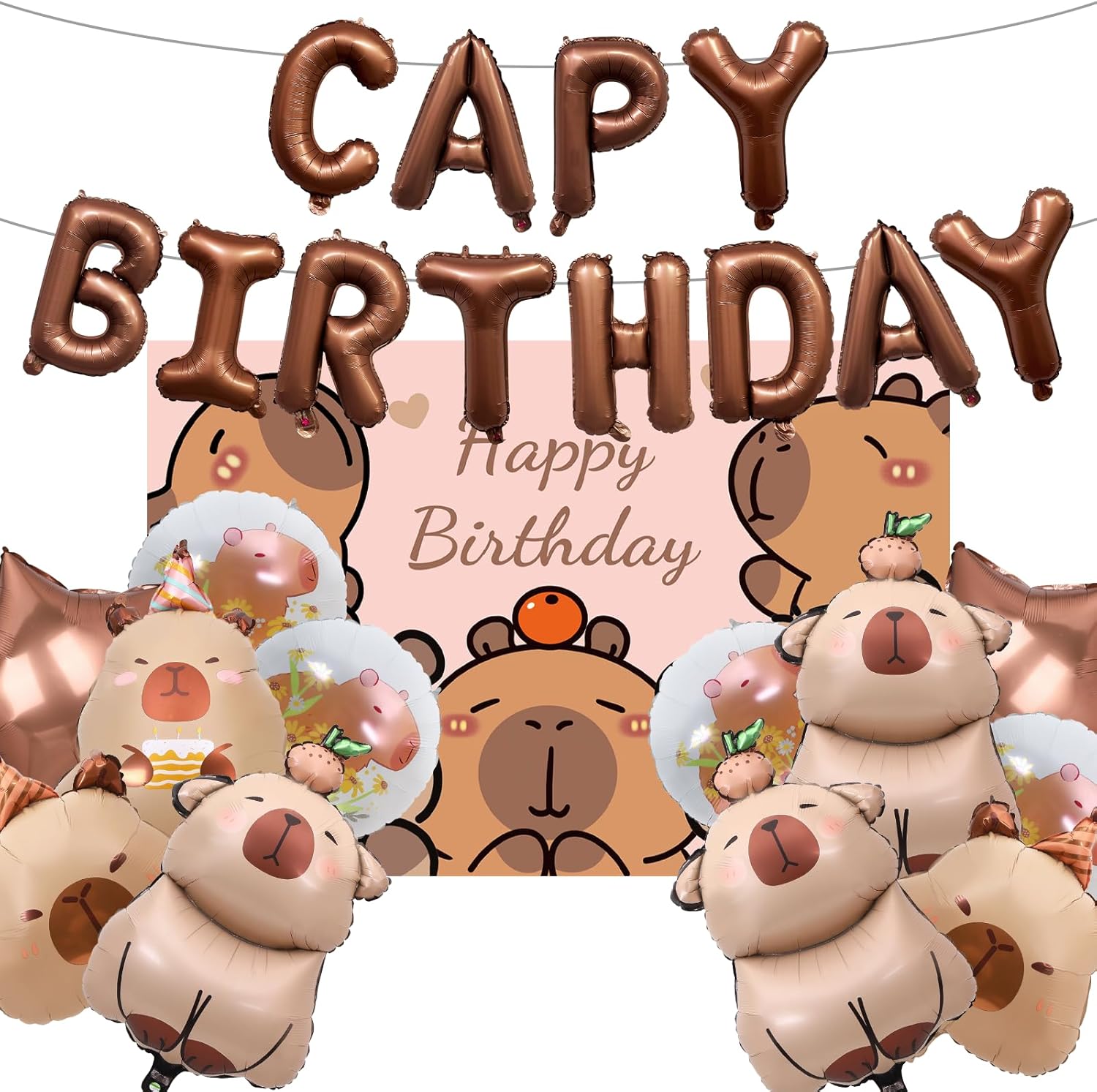 14PCS Capybara Birthday Decorations with Foil Balloons and Backdrop,Aluminum Mylar Capybara Balloons Party Favor for Birthday, Baby Shower & Gender Reveal