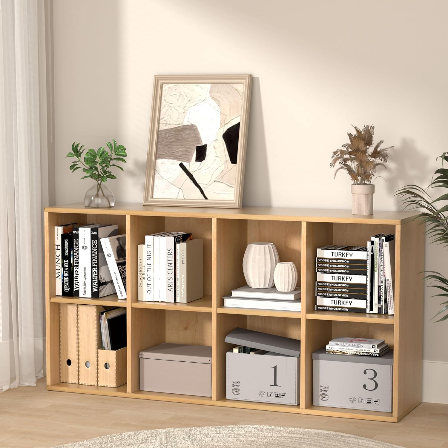 Regal mit 8 Fächern, Holz Bücherregal, Würfelregal, Standregal für Wohnzimmer, Schlafzimmer, Büro, Kinderzimmer (Eichefarben, 8 Fächern （35T x 143B x 72,2H cm）)