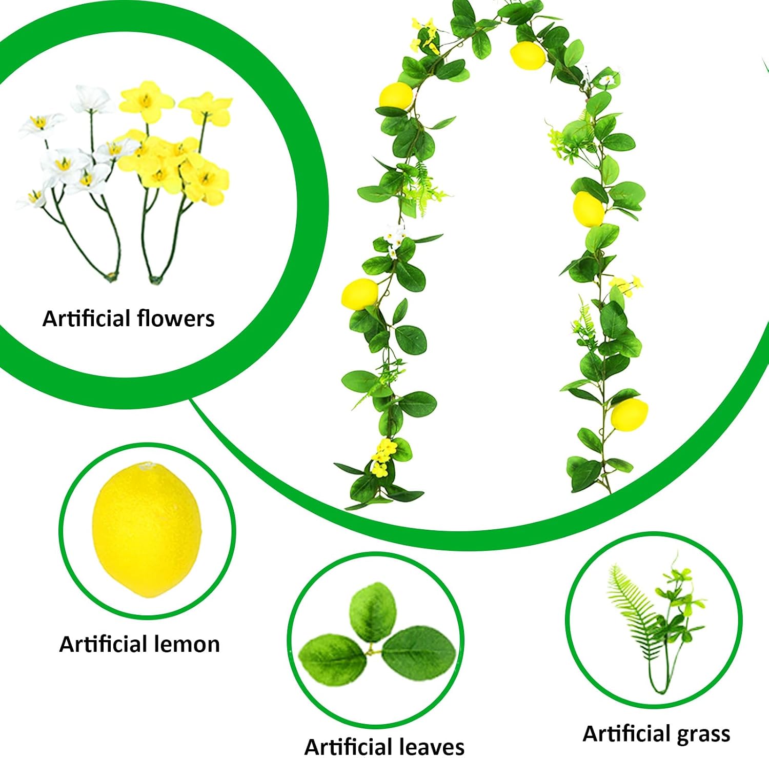 2Pcs Artificial Lemon Vines,Single Fake Lemon Vine is 78.7 Inches Long,Leaf 6.1 Inches,Faux Fruit Vine Garlands with Lemon for Room Door Wall Mantle Wedding Party Table Garden Decorations