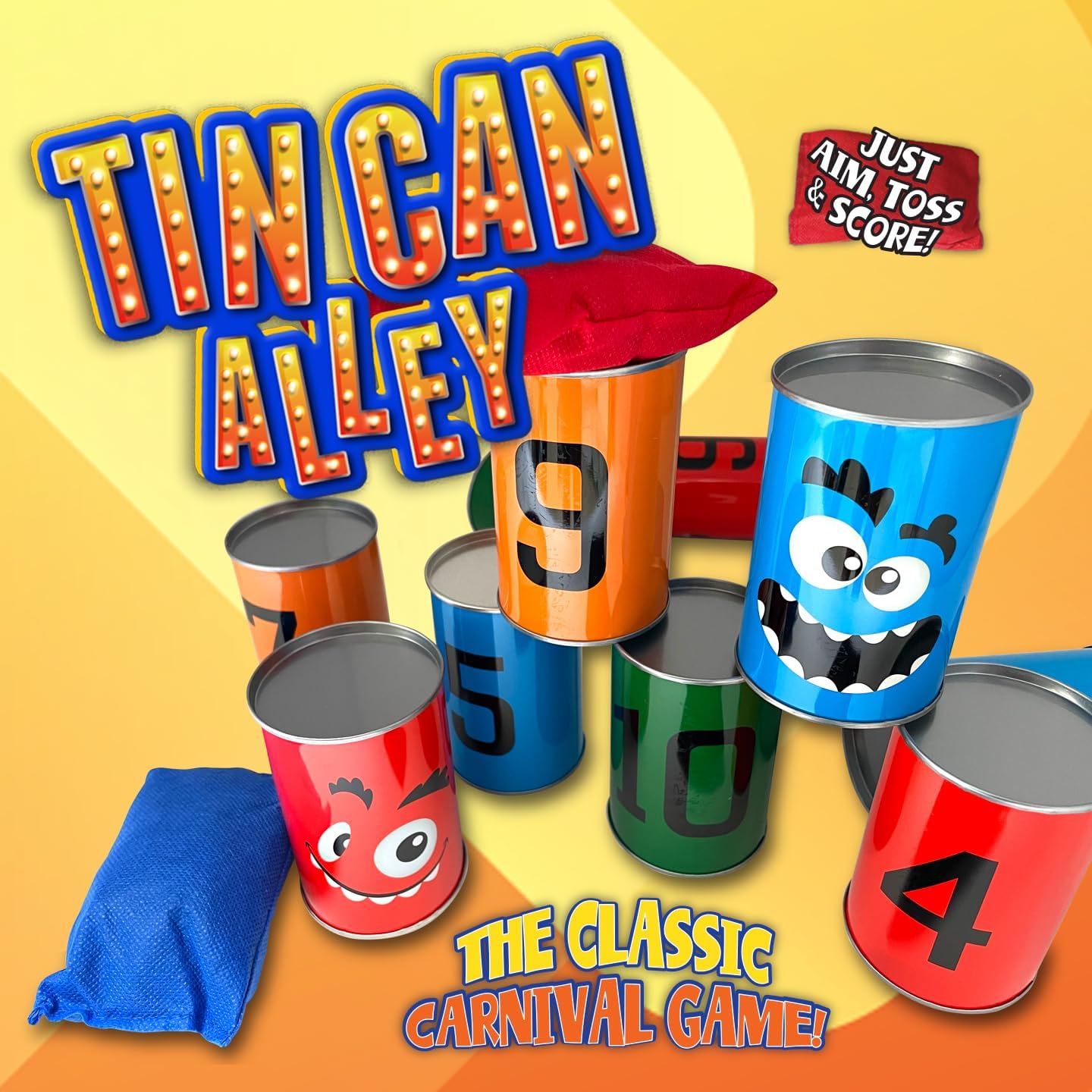 Ban Bag Toss Game for Kids - Carnival Can Beanbag Toss Game for Birthday Parties, Holidays, or Family Fun - 10 Fun Cans and 3 Beanbags - Indoor Outdoor Bowling Fun