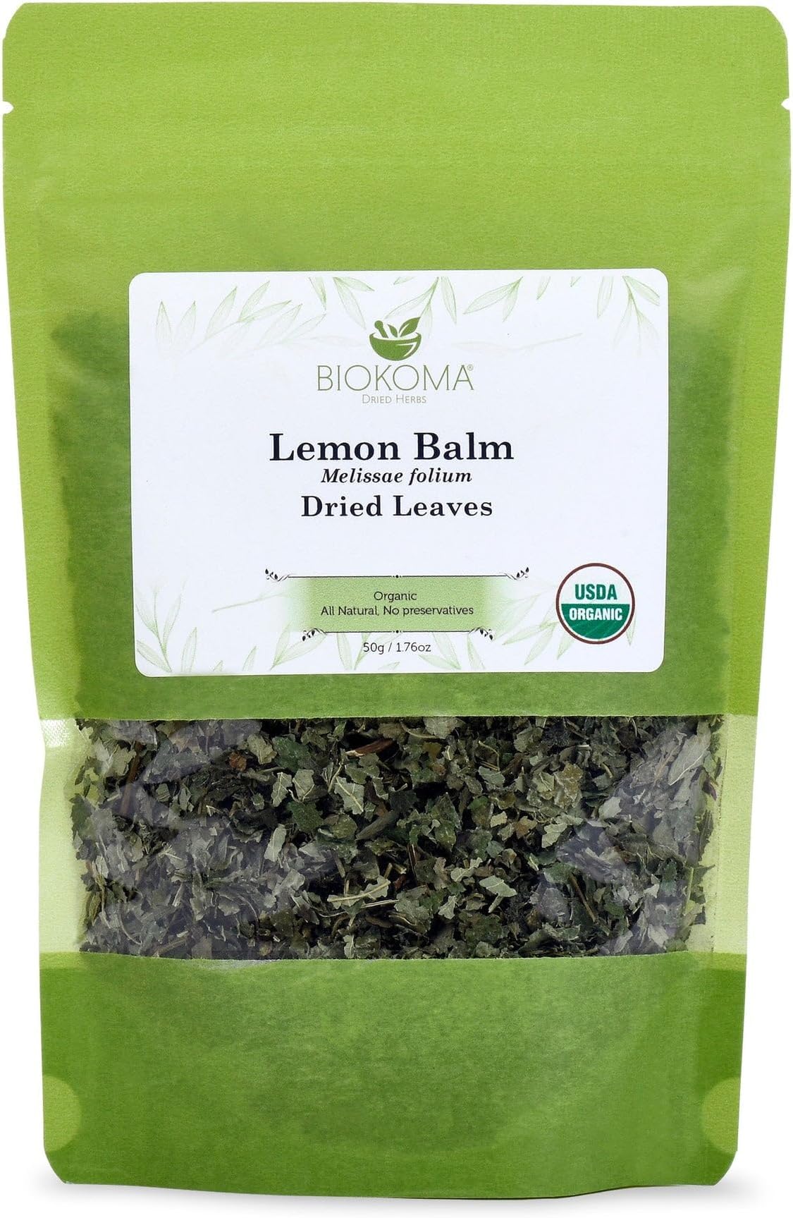 Biokoma Organic Lemon Balm Dried Leaves 50g 1.76oz Melissa Officinalis Loose Herb Calming Relaxing Sleep Digestive Support USDA Organic Herbal Tea Resealable Pouch Pure No Preservatives No GMO Kosher