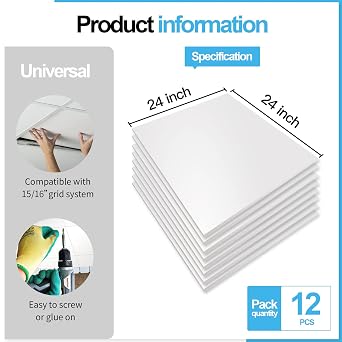 Art3d 12-Pack Smooth Drop Ceiling Tile 2ft x 2ft - Fire-Rated, Waterproof, Reusable - Preimum PVC, No Sag and Breakage - Cover 48 Sq. Ft, White