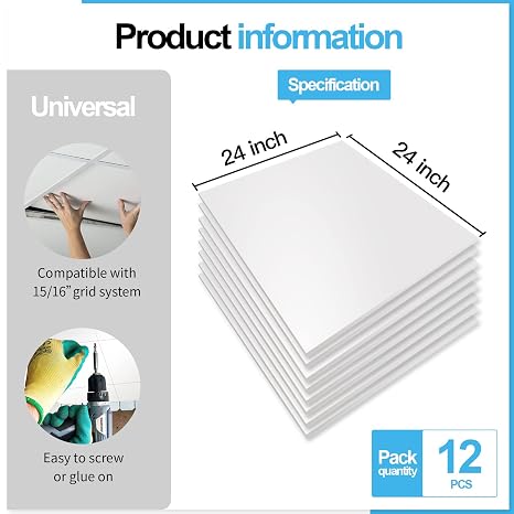 Art3d 12-Pack Smooth Drop Ceiling Tile 2ft x 2ft - Fire-Rated, Waterproof, Reusable - Preimum PVC, No Sag and Breakage - Cover 48 Sq. Ft, White