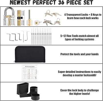 Lock Pick Set, [Difficulty Upgraded] [36 Pcs] Diyife Premium Practice Lock Picking Tools with 4 Transparent Training Padlocks for Lockpicking, Guide for Beginner and Locksmith Training (Titanium)