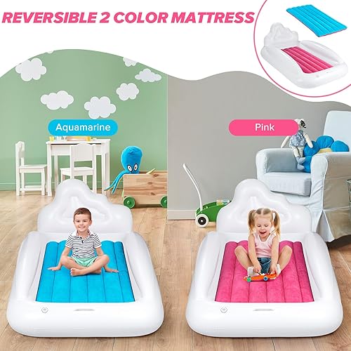 Miniatura 9 de Cama inflable de viaje para niños pequeños, colchón de aire para niños con cabecero, colchón de aire reversible de 2 colores para niños, cama
