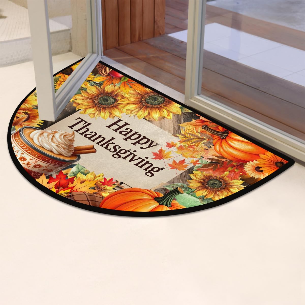 Thanksgiving Decoration Pumpkin Half Round Door Mat Non Slip Washable Semi Circle Area Rug Absorbent Soft Half Moon Rug Floor Mat for Indoor Outdoor Kitchen Bathroom Patio Front Door Mat Decor