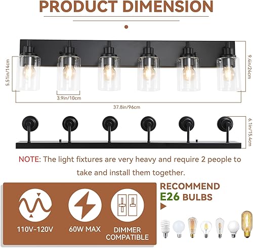 Miniatura 3 de LOUSACE Lámpara de tocador de baño de 6 luces, lámparas de baño negro mate sobre el espejo, iluminación moderna de baño con pantalla de vidrio