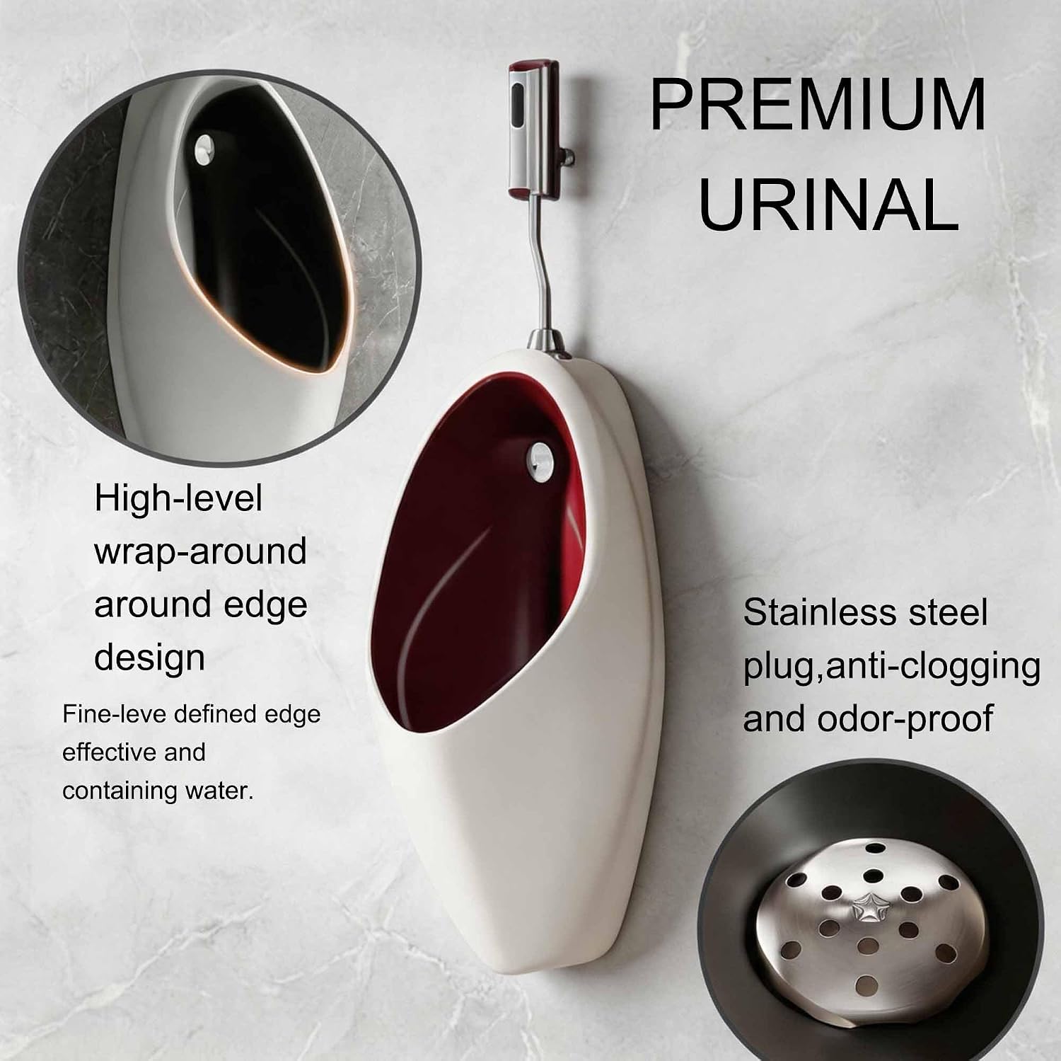 Wall-Mounted Ceramic Urinal with Exposed Sensor Flush Valve – Stainless Steel Drain Plug, Men's Adult Urinal, Washout Urinal, for Commercial & Residential Use(White)