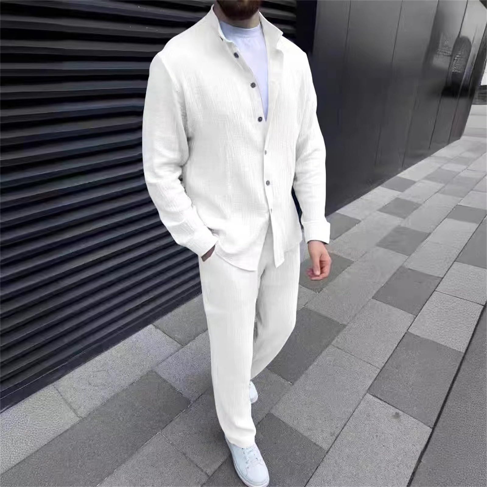 Conjunto de pantalones de camisa de lino para hombre, conjunto de hombre y verano chic en lino, chándal, playa, vacaciones, chándal decontracte Sport Travail, atuendo confort diario, traje urbano