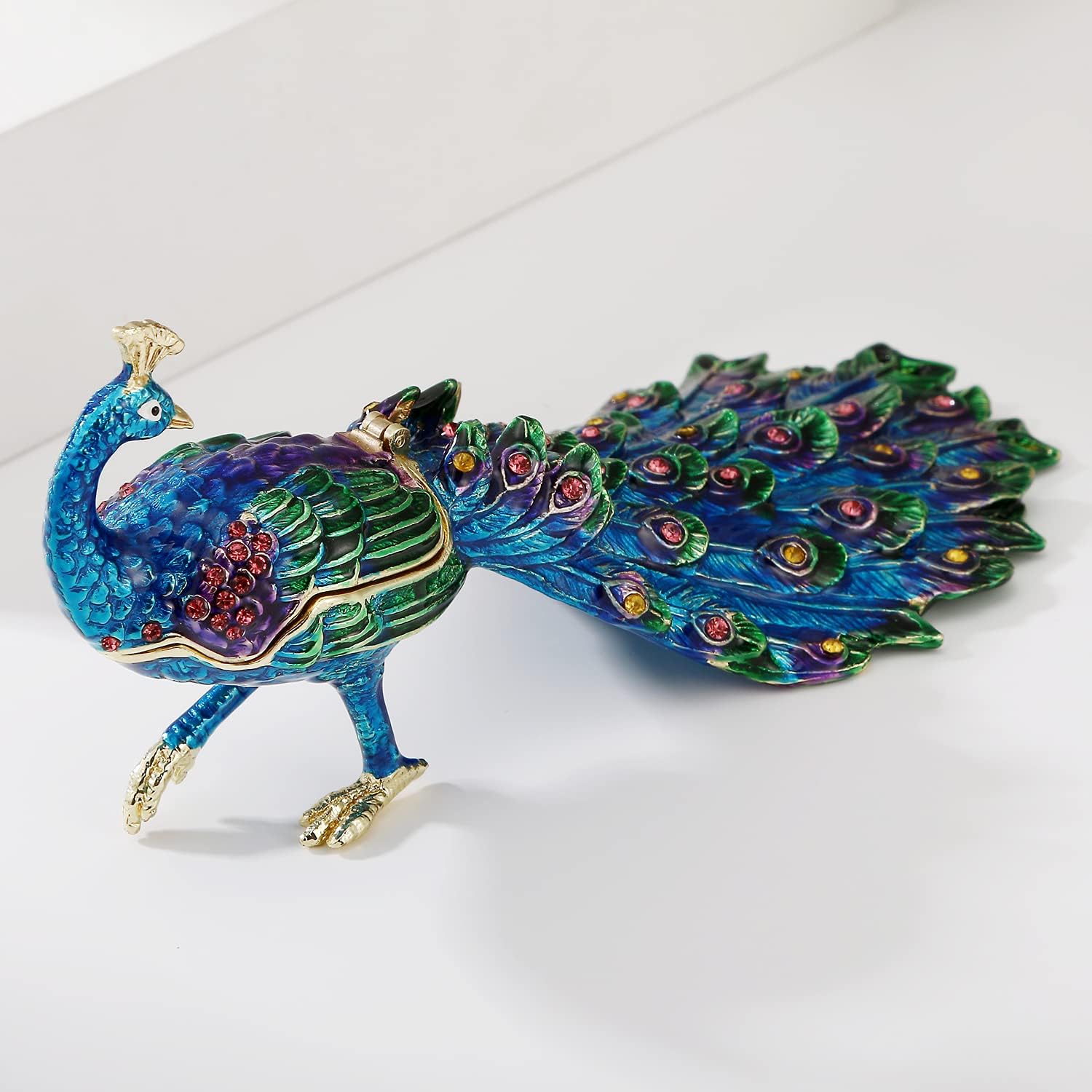 Hand Painted Enamel Peacock Trinket Box for Home Decor, Hinged Enamel Jewelry Organizer Storage, Unique Keepsake Collectible Figurine Personalized Elegant Ornament Gifts (Purple Peacock)