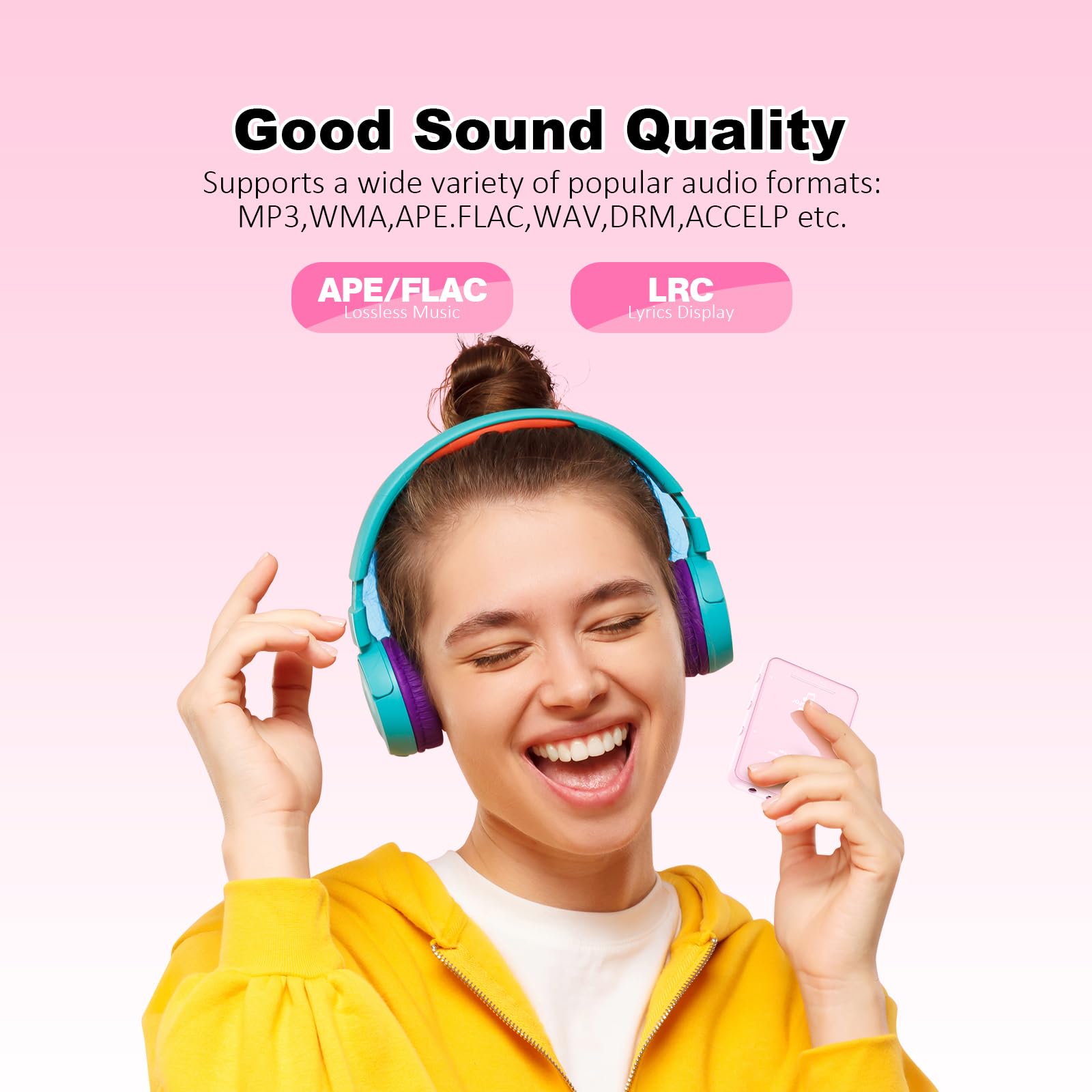 Reproductor de música MP3 con Bluetooth, almacenamiento de 32 GB, pantalla táctil completa, altavoz integrado, radio FM y grabadora de voz, ranura MicroSD (ampliable a 128 GB), incluye auriculares