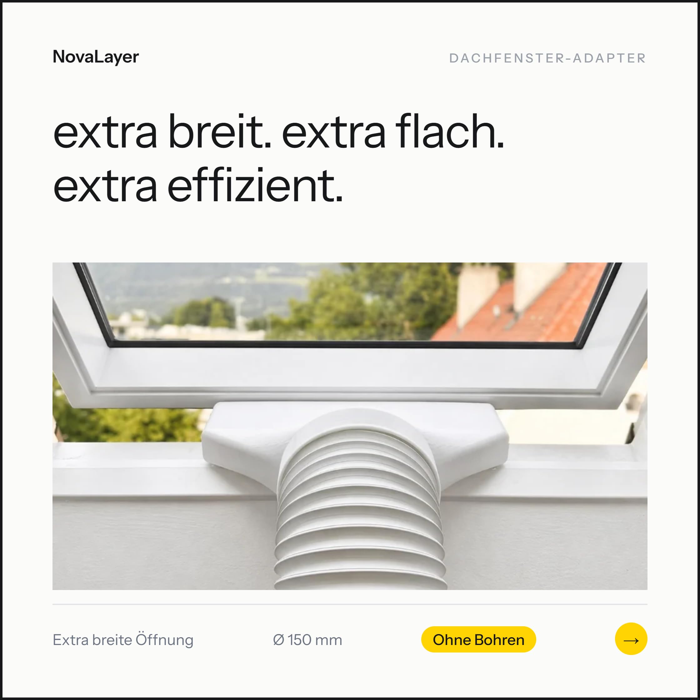 Fenster Adapter Klima Abluft extra breit und flach – Reduzierstück Ø150mm auf schmale Öffnung 35×4,5cm – Passend für mobile Klimaanlagen – 3D-Druck – Made in Austria