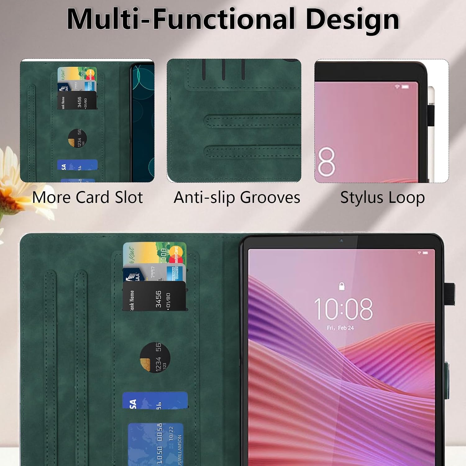 Case for Lenovo Tab One/ K9 8.7 Inch 2025 Model (TB305XU/TB305FU) - Multi-Angle Viewing PU Leather Folio Stand Protective Case with Pocket, Auto Wake/Sleep Smart Tablet Cover, Green image 5