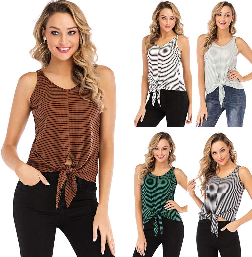 iYYVV Womens Casual Striped Print Blouse Round Neck Bandage Knot Vest Tank Tops: Clothing, Shoes & Jewelry