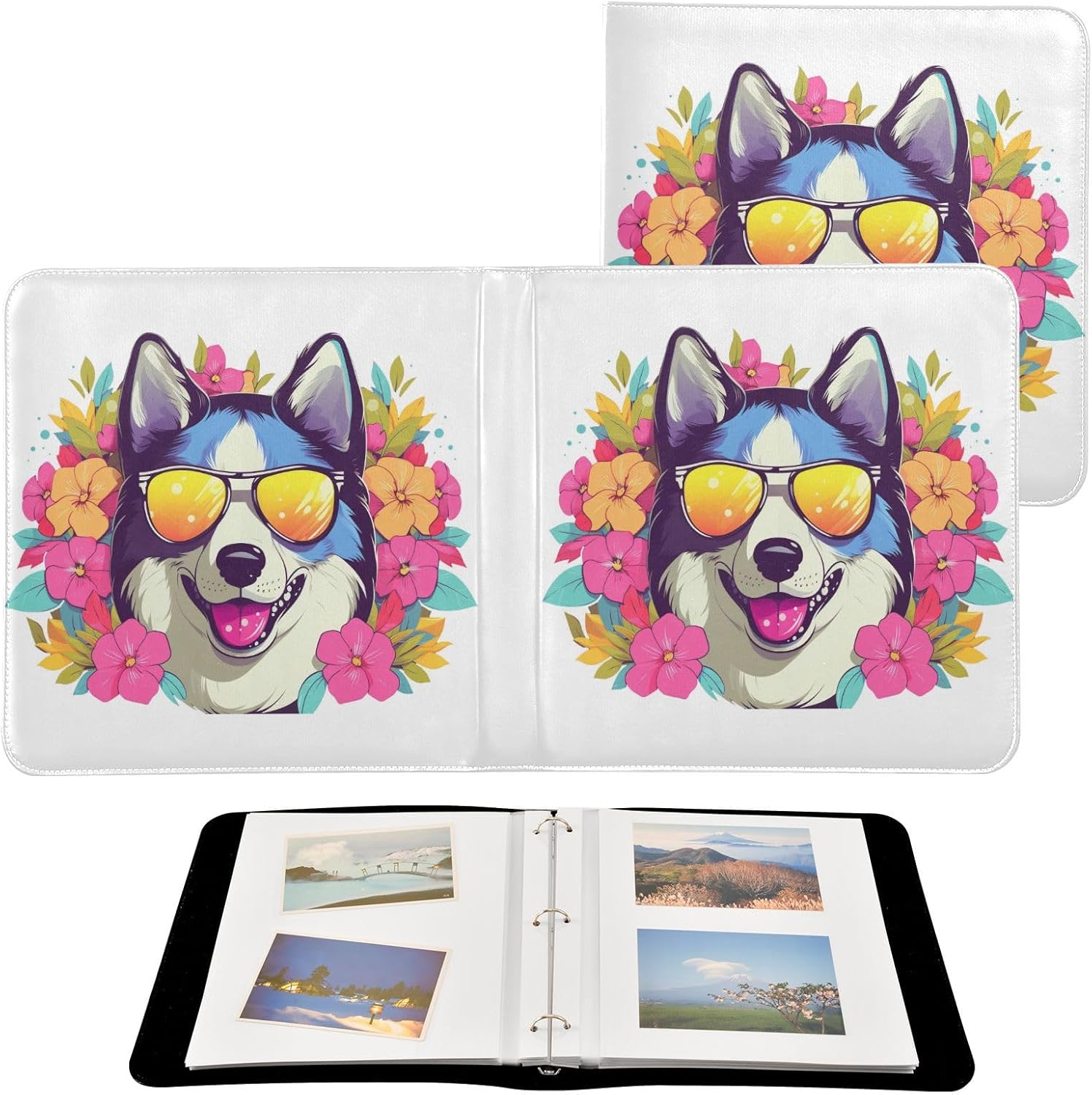 JIPONI Dog with Flowers Large Photo Album, Leather Cover Scrapbook Albums for 4x6 5x7 6x8 Pictures, Self Adhesive Memory Book for Wedding, Baby, Family