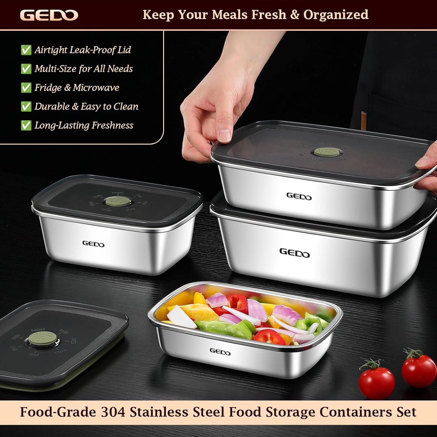 GEDO Stainless Steel Food Storage Containers with Lids, 304 Stainless Steel, Rectangular Lunch Box Set for Refrigerator and Freezer Organization,4-Piece