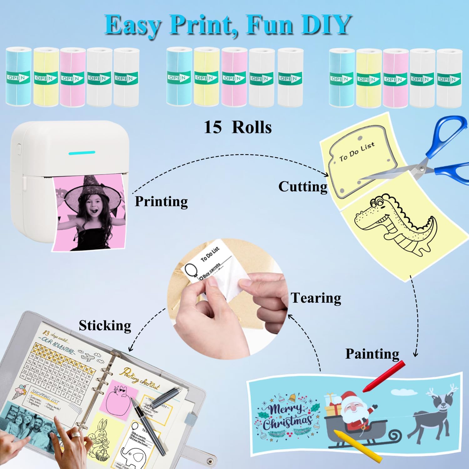 15 Rolls Thermal Sticker Paper for Mini Printer Sticker Maker, Including 9 Colored and 6 White Self-Adhesive Mini Printer Sticker Paper, 57 x 25 mm - Image 4