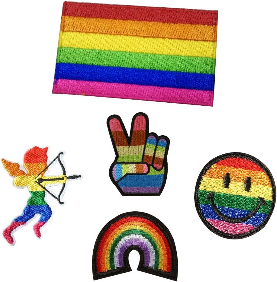 XUNHUI Flag Patches Rainbow Smile Peace Embroidered Iron On Patch for Clothes Pride Badges Backpack Applique Sewing Stickers 5 Pieces