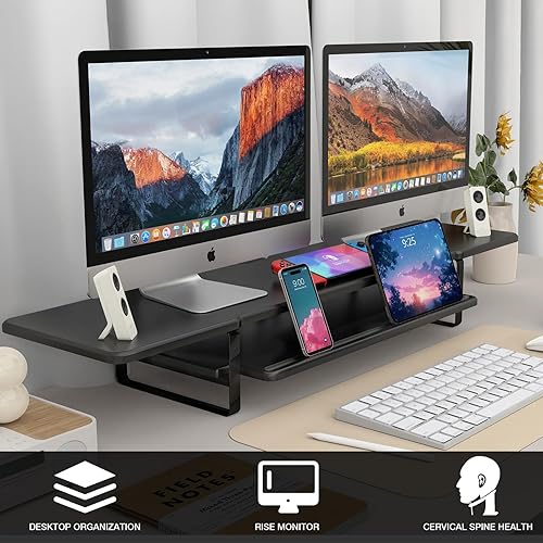 Miniatura 2 de Soporte elevador para monitor doble, estante de escritorio de 2 niveles con soporte para teléfono, gestión de cables, organizador de almacenamiento,