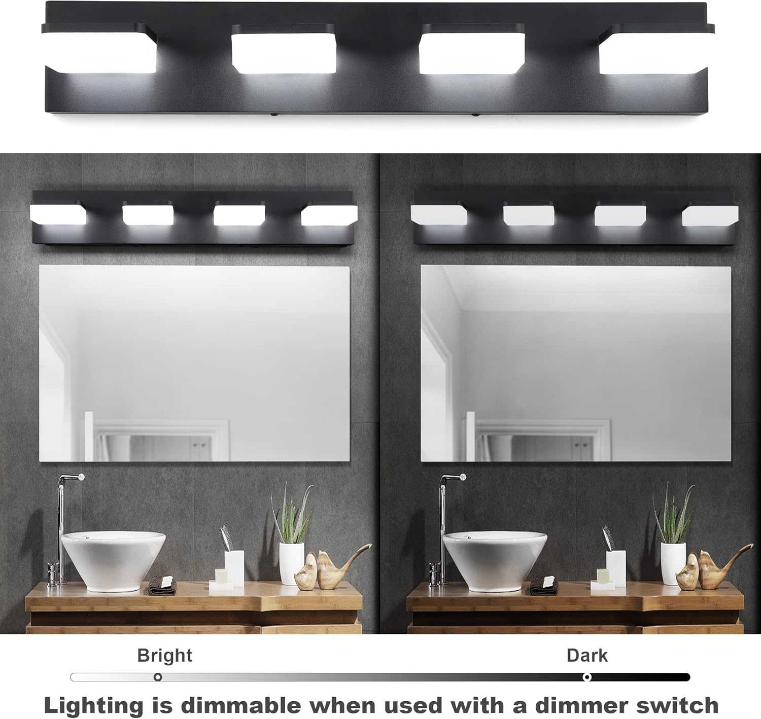 3 Colors Dimmable Black Vanity Lights for Bathroom, LED 4 Light Vanity Lighting Fixtures, Acrylic Stainless Steel Bathroom Light Fixtures over Mirror, Adjustable 3000K/4000K/6000K, 360° Rotate