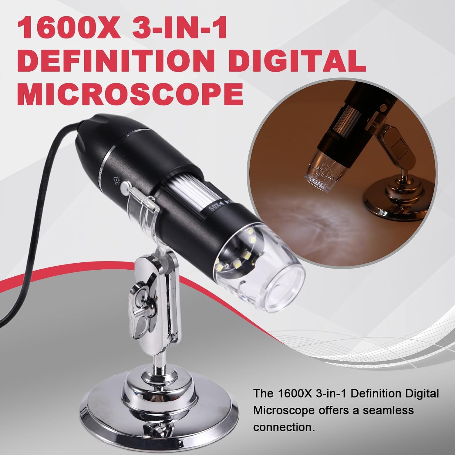 1600X High-Definition Digital Microscope LED Portable Smart Connect for Android Pc Computer Children's Teaching image 2