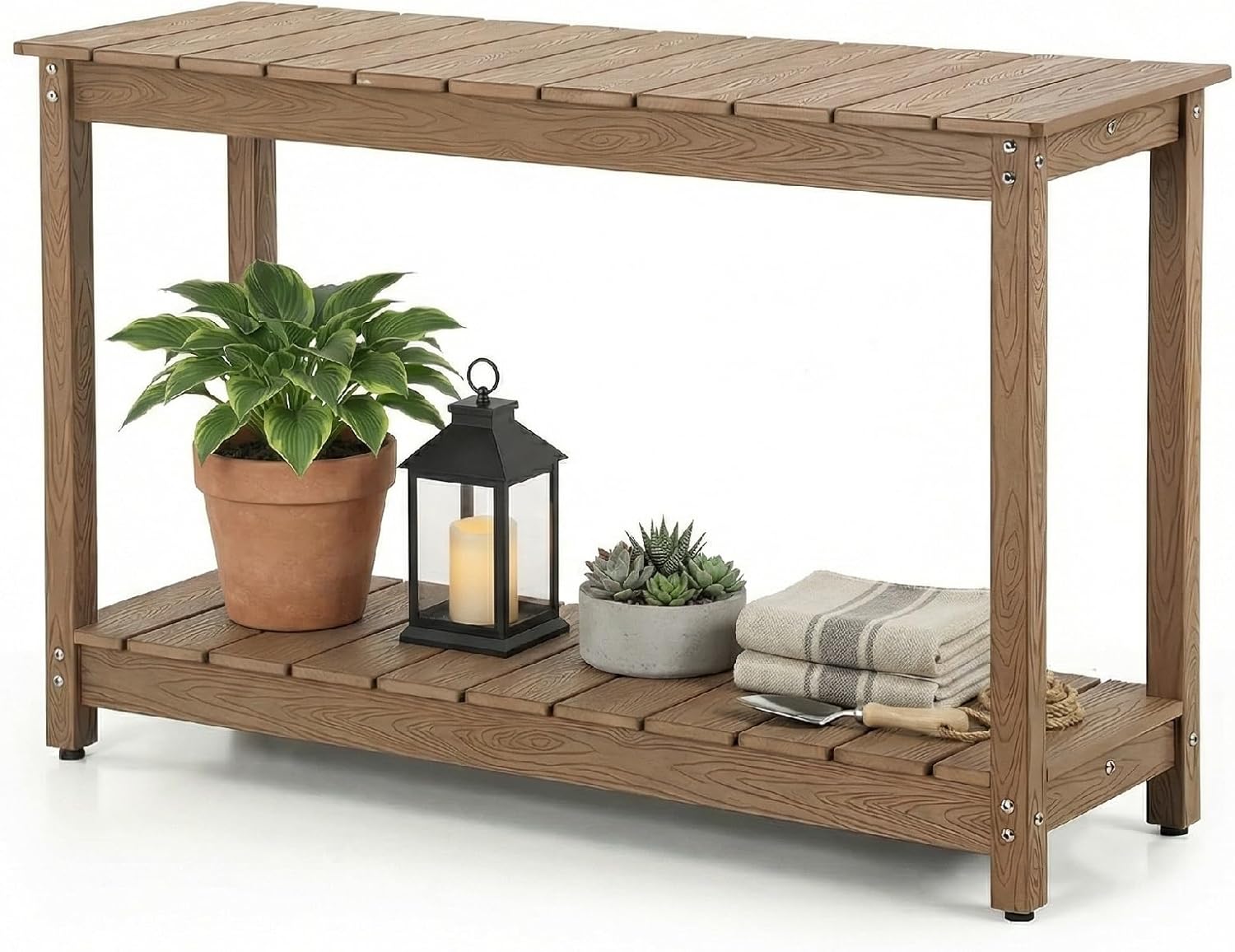 Outdoor Console Table, 48" Weather Resistant HIPS Patio Side Table, 440LBS Weight Capacity, 2-Tier Multifunctional Buffet Bar Storage Organizer for Garden Deck, Teak