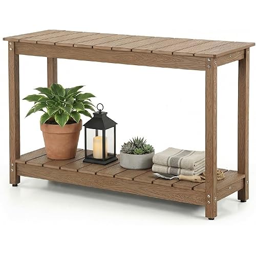 Outdoor Console Table, 48" Weather Resistant HIPS Patio Side Table, 440LBS Weight Capacity, 2-Tier Multifunctional Buffet Bar Storage Organizer for Garden Deck, Teak