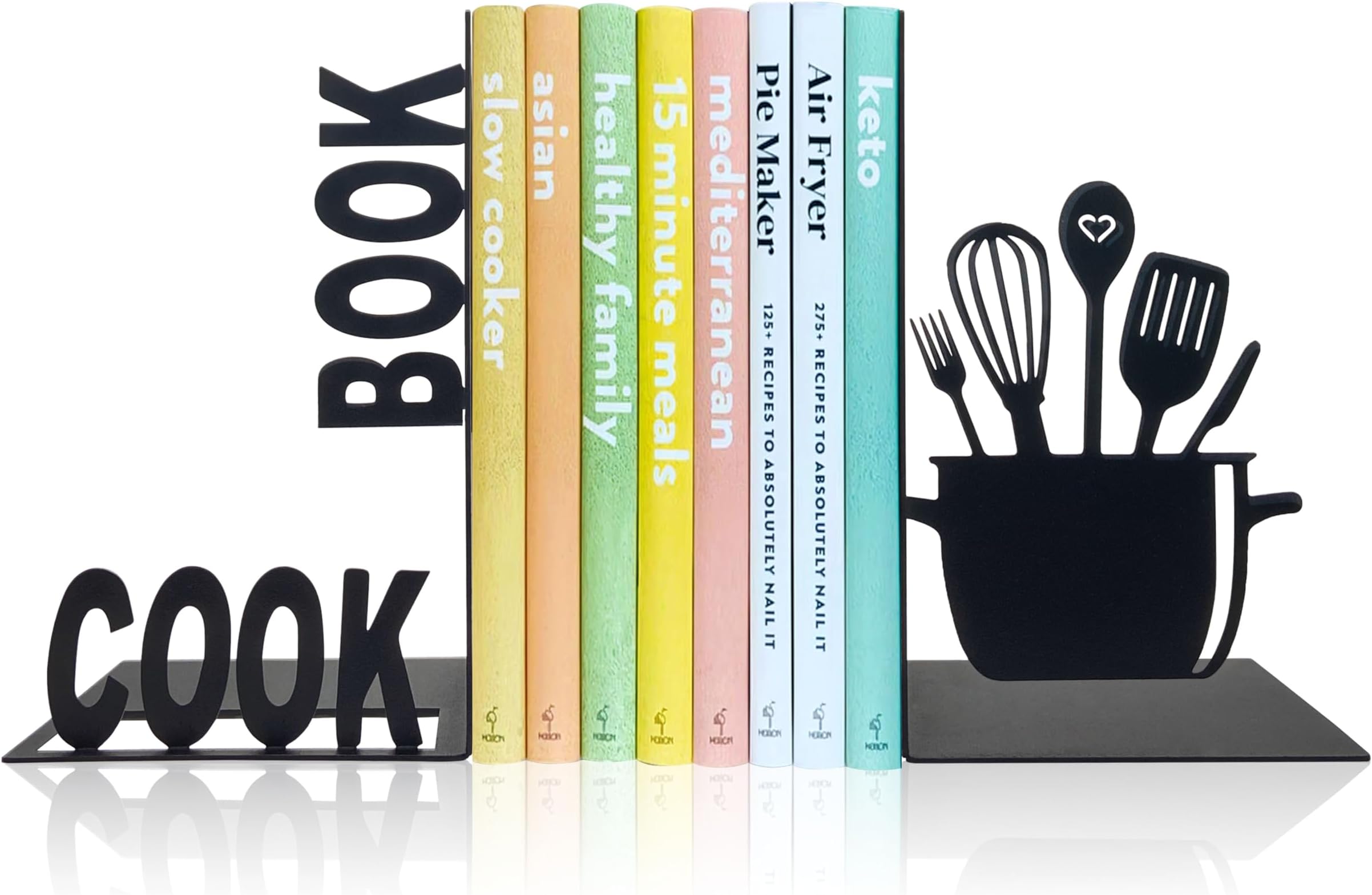 Ecqizer Decorative Kitchen Book Ends, Unique Metal Cookbook Holder Kitchen Bookends Storage for Shelves, Farmhouse Kitchen Decorations Book Holder Supports for Book-Rack Desk, Black